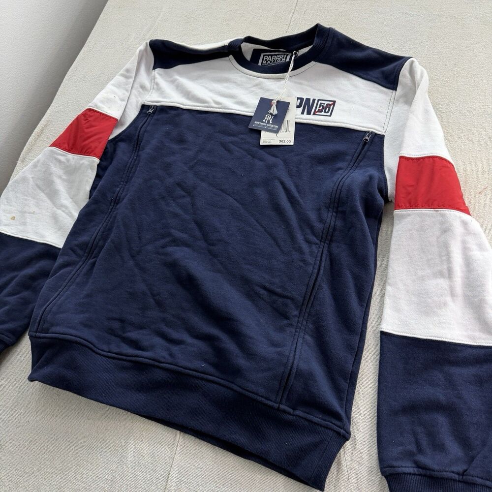 Parish PN-56 Nation Men LongSleeve Pullover Crewneck Sweater ￼blue/white Size L